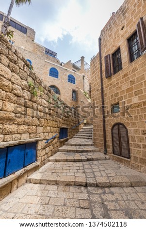 The ancient and atmospheric sandy-colored architecture in the old city of Jaffa in Israel fascinates on every street
