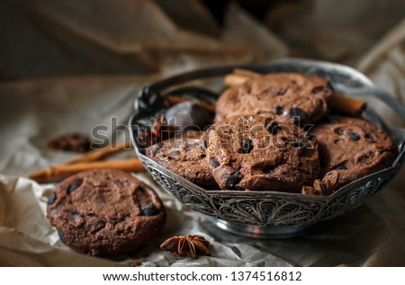 chocolate chip cookies with chocolate. Chocolate chip cookies. Dark food photography. - Image