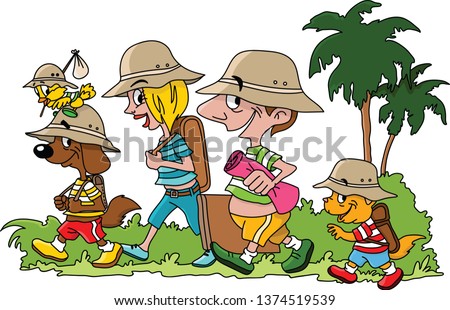 Cartoon family going on a vacation with their cat dog and bird vector illustration
