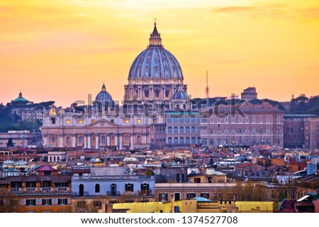 The Papal Basilica of Saint Peter in Vatican sunset view, Rome landmarks in capital city of Italy