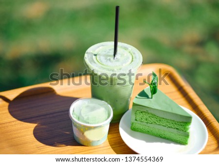 Matcha Green Cake and Matcha Green Tea at Choui Fong Tea Plantations in Thailand Royalty-Free Stock Photo #1374554369