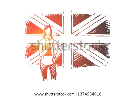 Young woman standing by Great Britain flag, student exchange, work abroad, foreign teacher from UK. English course, language training classes concept sketch. Hand drawn vector illustration