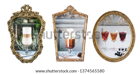 A collage of photos of culinary, cafe, restaurant, drinks, cakes, sweets. Food photos in vintage frames isolated on white background. Vintage style and retro.