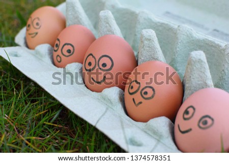 Five funny easter eggs with different facial expressions on painted faces in cardboard container on green spring grass outdoors.
