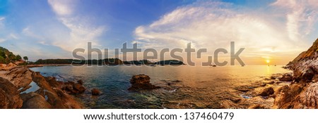 Stitched Panorama of tropical beach and sea at sunset. Thailand