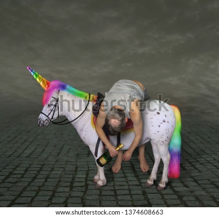 The drunk man with a bottle of champagne is riding the unicorn.
