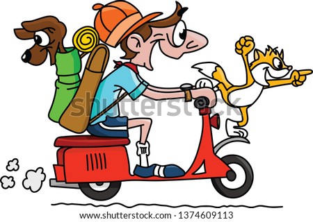 Cartoon man traveling on a motorcycle with his dog and cat vector illustration