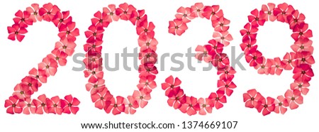 Inscription 2039, from natural red flowers of periwinkle, isolated on white background