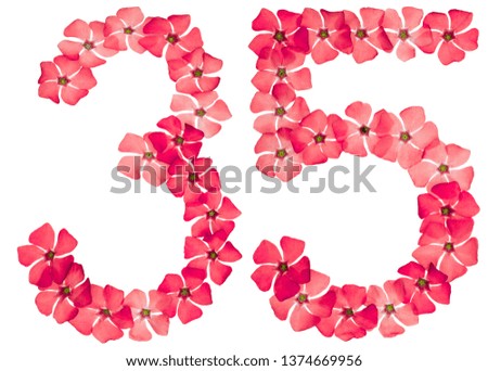 Numeral 35, thirty five, from natural red flowers of periwinkle, isolated on white background