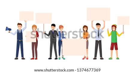 Activism, meeting, protest action flat illustrations. Public opinion, marketing campaign, advertising posters for text isolated cliparts. Activists, protestors, social movement participants characters Royalty-Free Stock Photo #1374677369