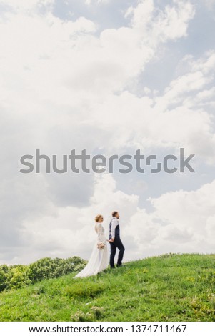 young beautiful wedding couple the bride and groom walks on nature in the park the bride in a beautiful dress the groom stylishly dressed