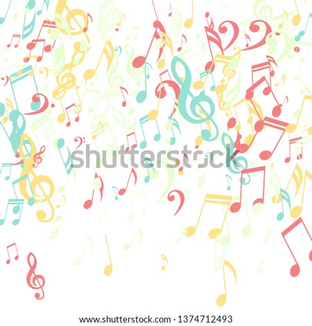 Falling Musical Symbols. Trendy Background with Notes, Bass and Treble Clefs. Vector Element for Musical Poster, Banner, Advertising, Card. Minimalistic Simple Background.