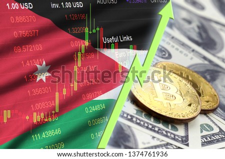 Jordan flag and cryptocurrency growing trend with two bitcoins on dollar bills