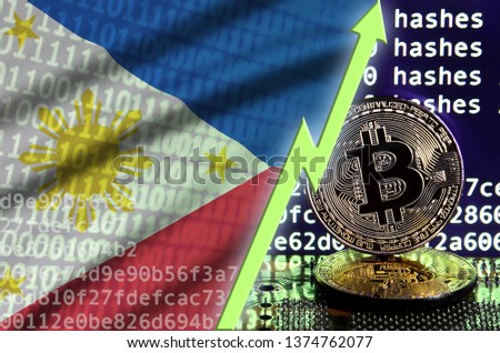 Philippines flag and rising green arrow on bitcoin mining screen and two physical golden bitcoins