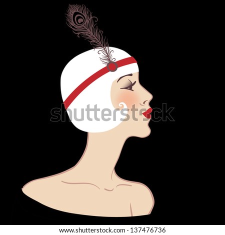 Flapper girls set: Hairstyle, headdress and makeup of 1920s. A raster illustration.