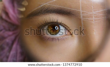 Microblading and eyebrow architecture. Eye and eyebrow of girl with lines of symmetry in magnifying glass. Cosmetic procedure in spa salon. Face beauty