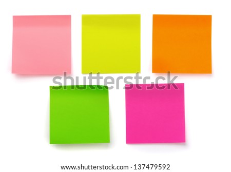 Five color blank sticky notes isolated on white Royalty-Free Stock Photo #137479592
