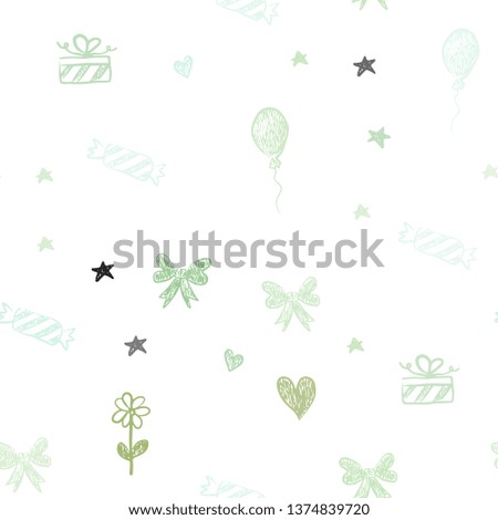 Light Blue, Green vector seamless backdrop in holiday style. Abstract illustration with aheart, baloon, candy, gift, star, ribbon. Template for new year postcards.