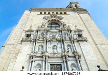 Facade of medieval Cathedral in historic center of city, Girona, Spain