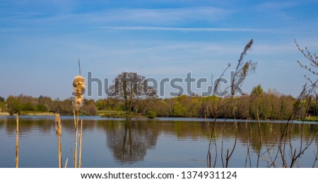 Landscape picture of Alderford Lake in north Shropshire with sky and clouds reflected on water