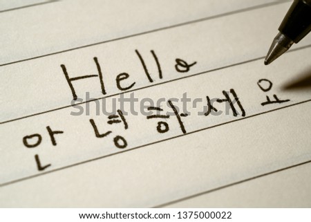 Beginner Korean language learner writing Hello word in Korean characters on a notebook macro shot
