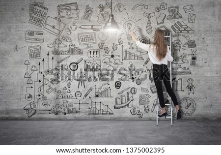 Young woman standing on a ladder and drawing a business plan sketch on a concrete wall. 3d render elements in collage