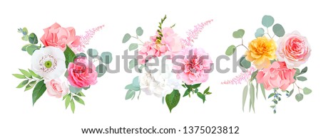 Pink, coral and yellow rose, white hydrangea, carnation, papaver, peony, garden flowers, eucalyptus, astilbe, greenery, leaves vector wedding design bouquets. All elements are isolated and editable Royalty-Free Stock Photo #1375023812