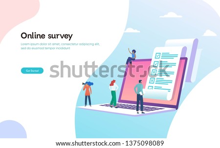 online polling & survey vector illustration concept, people filling online survey form on laptop, to do list paper note,  can use for, landing page, template, ui, web, homepage, poster, banner, flyer Royalty-Free Stock Photo #1375098089