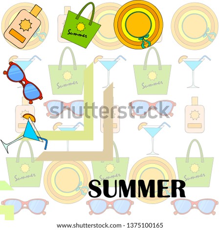 Beach vacation. Sunglasses, hat, beach bag, cocktail, sunscreen. Vector background.