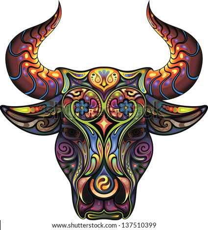 Bull. Silhouette of a head of a Bull collected from plant ornament variegated colors.