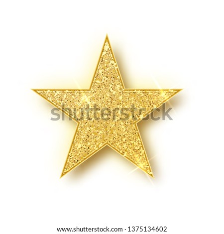 Gold shiny glitter glowing christmas star with shadow isolated on white background. Vector illustration. Royalty-Free Stock Photo #1375134602