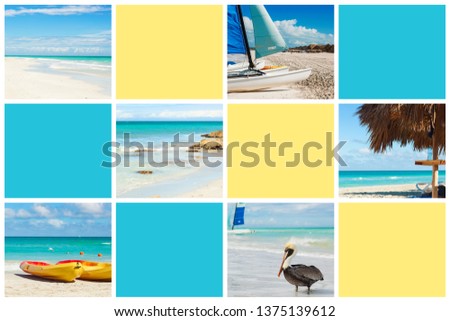 Set of summer caribbean  photos, Travel tropical  concept. Images with ocean, beach and boats. 