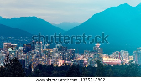 Vancouver city buildings and skyline at night. British Columbia, Vancouver, Canada