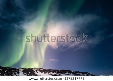 Northern lights aurora borealis display at night.