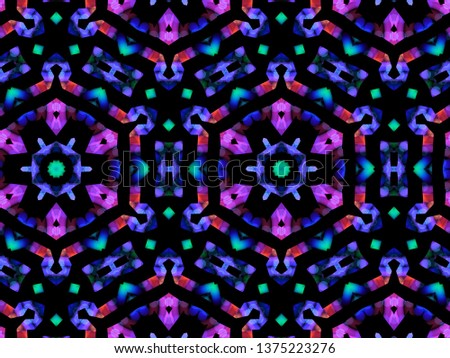 A hand drawing pattern made of blue purple fuchsia and green on a black background