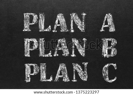 Planning concept. Handwritten white chalk plan A B C on blackboard
