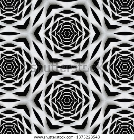 High resolution kaleidoscope from picture of steel shutters creating the seamless repeating pattern of black and white roses 