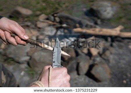 
skewer carving wood in the nature forest picnic stock photo