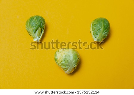 Little Brussels sprouts on a yellow background in a composition of several pieces, cabbage on a color background, vegetable on a color background
