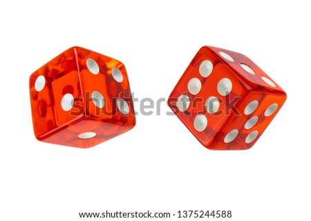 Two red glass dices isolated on white. One, two, four and three, five, six. Royalty-Free Stock Photo #1375244588