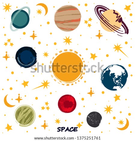 The Solar System. Vector illustrations of the sun, planets, stars of the Solar System in cartoon style for your design.