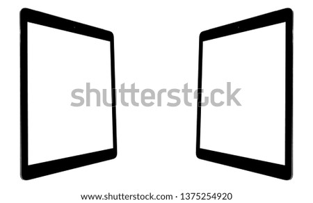 Tablet computer PC with blank screen mock up isolated on white background. Tablet isolated screen. PC computer white screen with copy space. Empty space for text. Isolated white screen