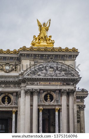 Architectural details of Neo-baroque building of Grand Opera in Paris (Garnier Palace). Grand Opera is UNESCO World Heritage Site. Paris, France.