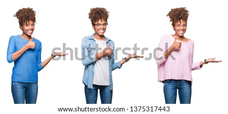 Collage of young beautiful african girl over isolated background Showing palm hand and doing ok gesture with thumbs up, smiling happy and cheerful