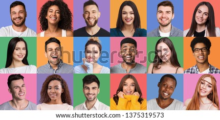 Portrait's collage. Young diverse people grimacing and gesturing at colorful backgrounds. Young and happy concept Royalty-Free Stock Photo #1375319573