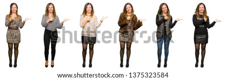 Collage of beautiful middle age woman wearing different looks over white isolated background Showing palm hand and doing ok gesture with thumbs up, smiling happy and cheerful