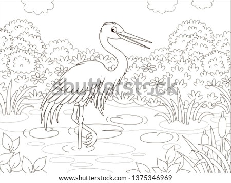 Heron by a small lake among cane, grass and flowers of a meadow on a summer day, vector illustration in a cartoon style