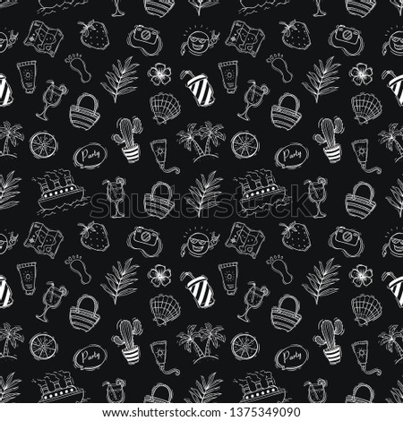 Doodle summer icons or illustration in seamless pattern with black background