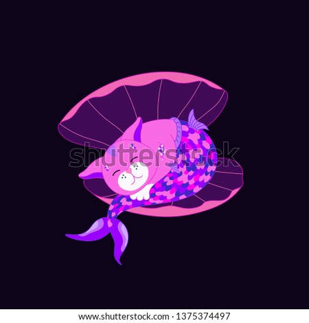 Cute pink cat mermaid sleeping in shell
