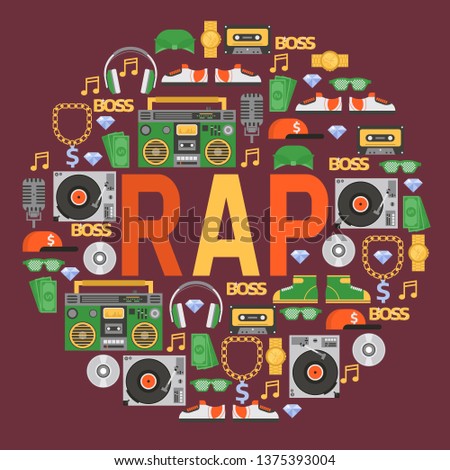 Rap music vector pattern dj playing disco on turntable sound record illustration backdrop of rap cap discjockey headphones player disc playback in nightclub background.